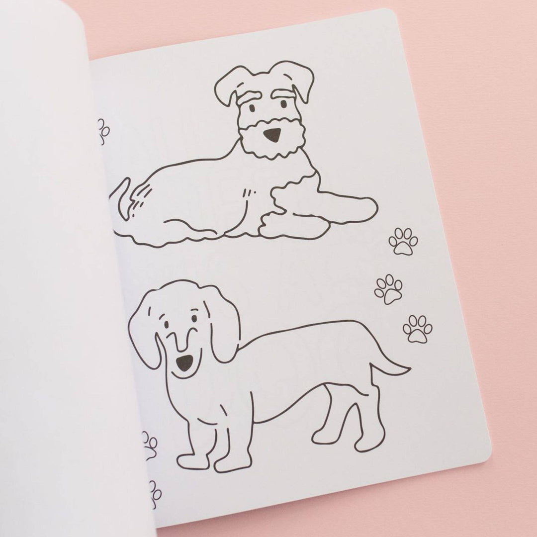 Coloring page of a schnauzer and a dachshund with paw prints, easy outlines for young colorers