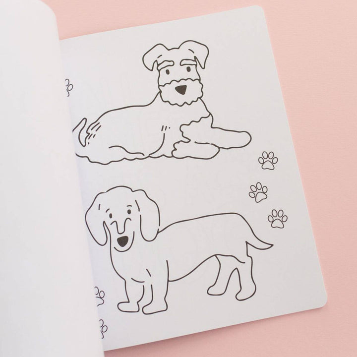 Coloring page of a schnauzer and a dachshund with paw prints, easy outlines for young colorers