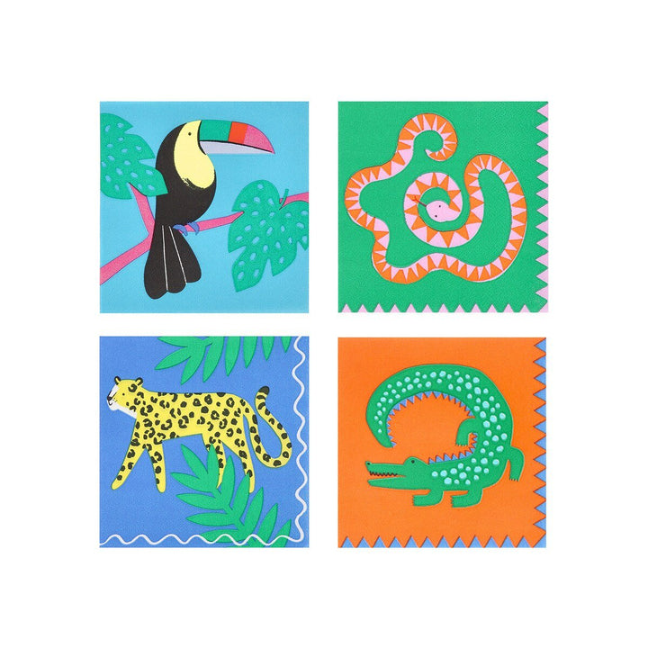 Meri Meri Jungle Jamboree small napkins on white background with colorful jungle animal print for safari birthday parties