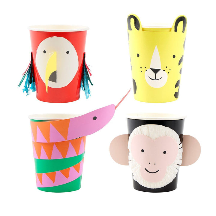 Meri Meri Jungle Jamboree character cups on white background with colorful illustrated jungle animal cup designs