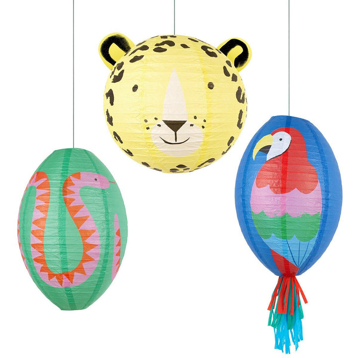 Meri Meri Jungle Jamboree lanterns on white background, jungle animal paper lanterns for a safari or zoo birthday party
