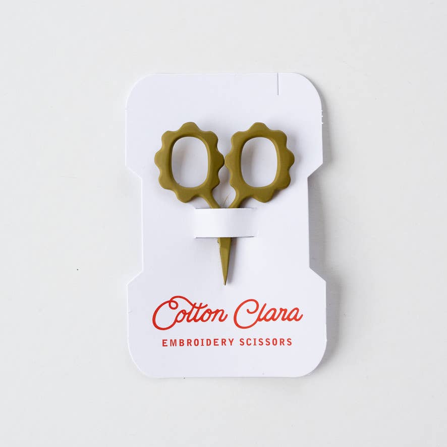 Olive mini flower embroidery scissors on a reusable thread card bobbin