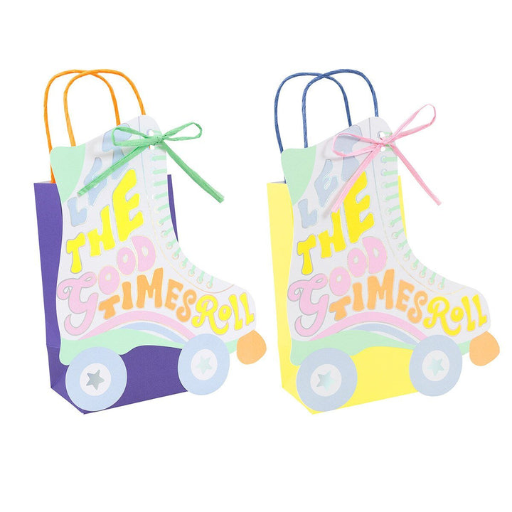 Meri Meri Roller Skate party bags on white background, roller skate shaped favor bags for skate birthday parties