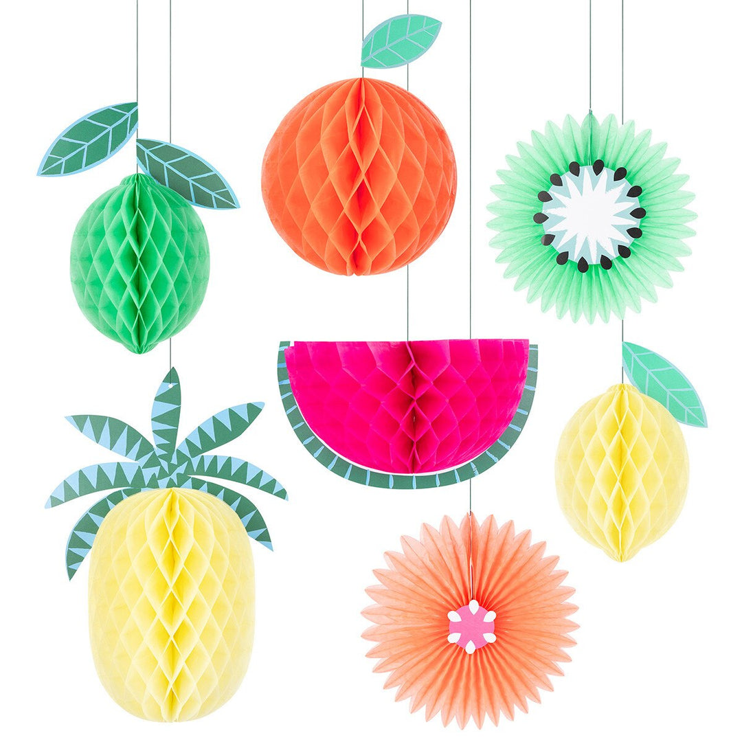 Meri Meri Tropical Fruit hanging decorations on white background, 3D tropical fruit shapes for luau or summer party ceilings