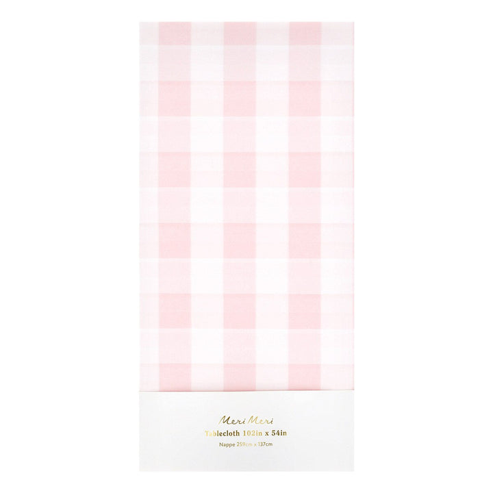Meri Meri pink gingham paper tablecloth on white background, pink and white check paper table cover for parties