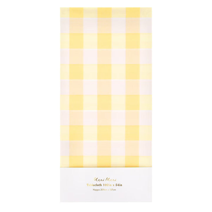 Meri Meri yellow gingham paper tablecloth, cheerful yellow and white check paper table cover for spring and summer parties