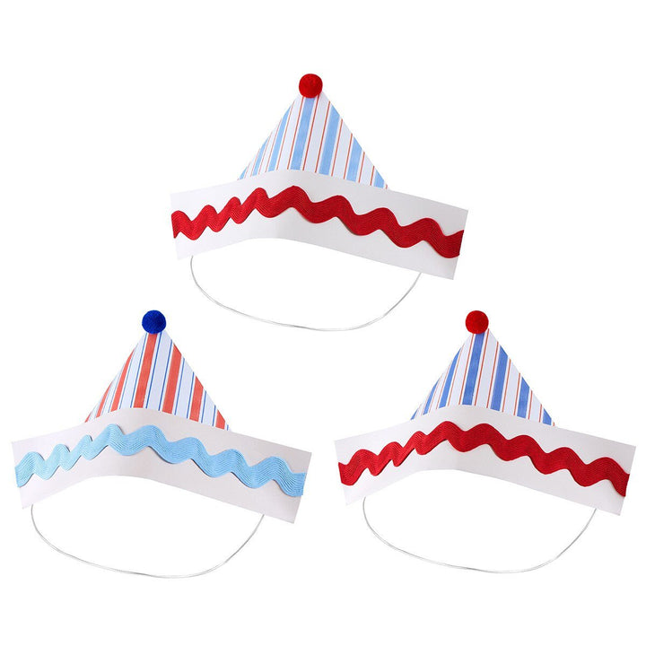 Meri Meri Sailor Party Hats on white background, nautical stripe sailor hat design for beach or nautical birthday parties