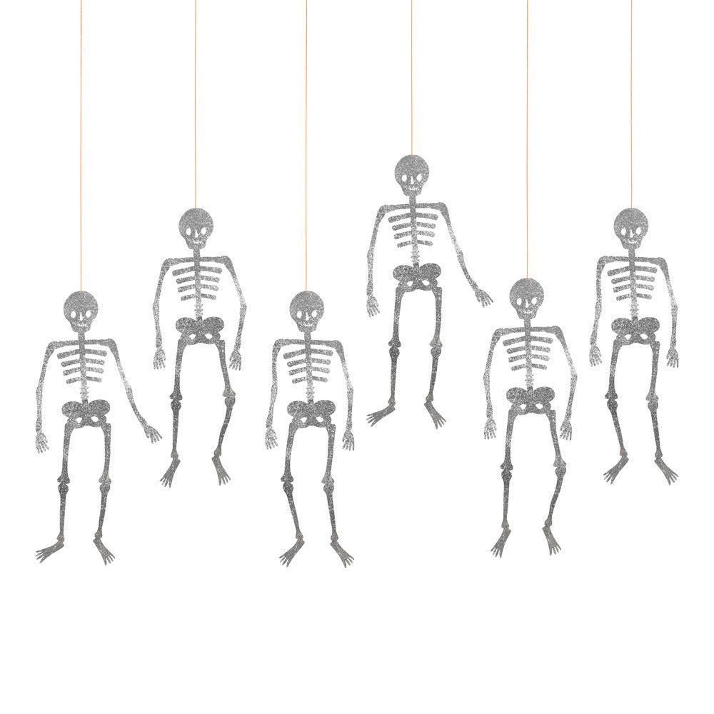Set of six silver glitter jointed hanging skeleton decorations on strings for Halloween