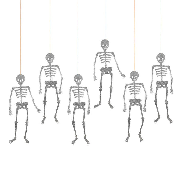 Set of six silver glitter jointed hanging skeleton decorations on strings for Halloween