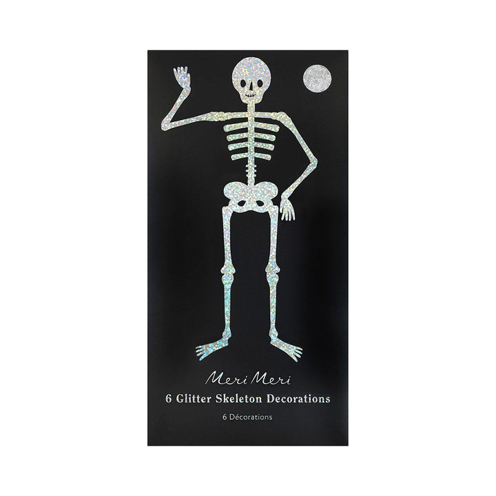 Silver glitter skeleton Halloween decoration on black packaging labeled six skeleton decorations
