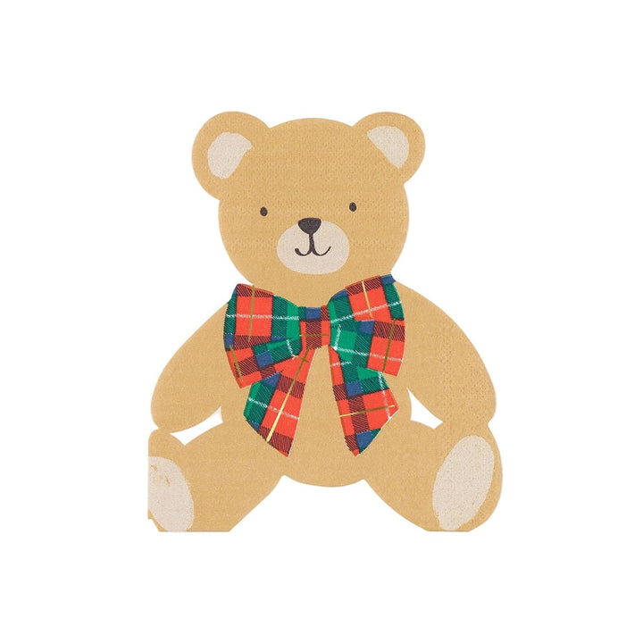 Teddy bear shaped paper napkin with a red tartan plaid bow for a Christmas party