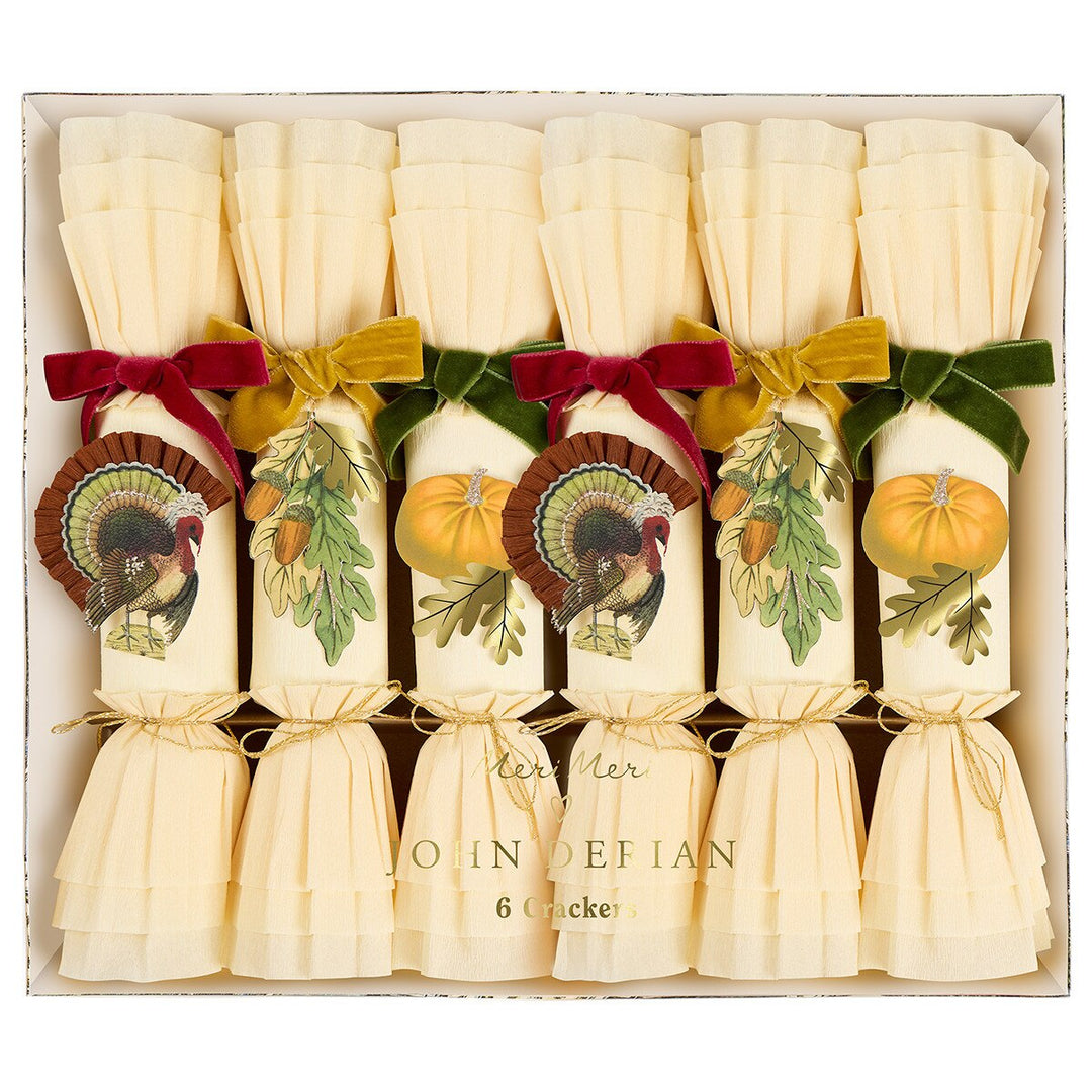 Meri Meri X John Derian Turkey Crackers on white background, Thanksgiving pull-apart crackers with vintage turkey art