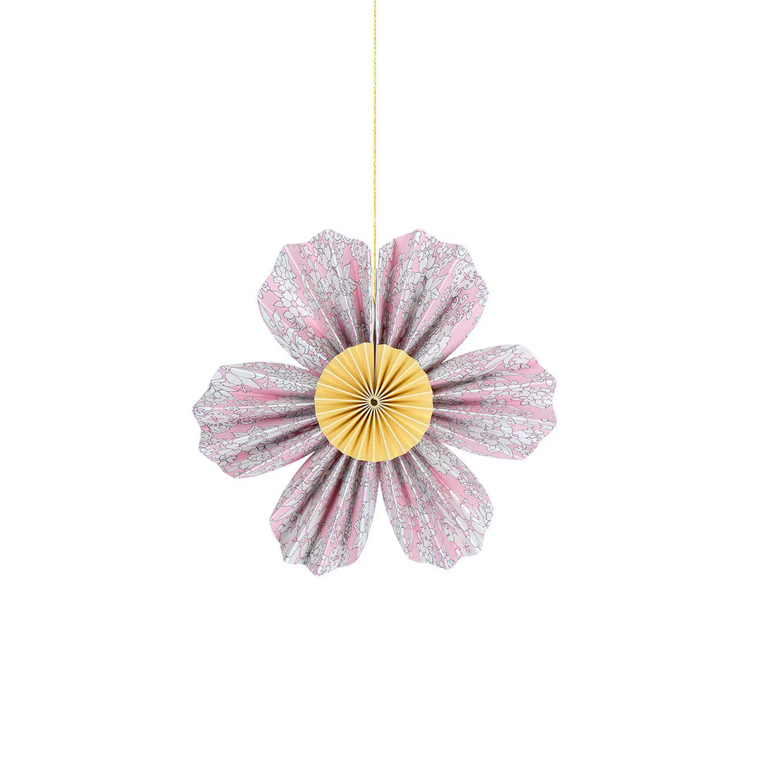 Pink Liberty floral paper flower from the mini Easter decoration set, with pleated petals and a yellow center.