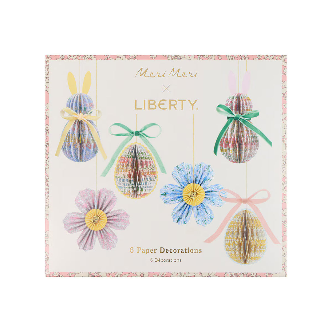 Meri Meri x Liberty six-piece Easter decoration set packaging showing paper bunnies, eggs, and flowers.
