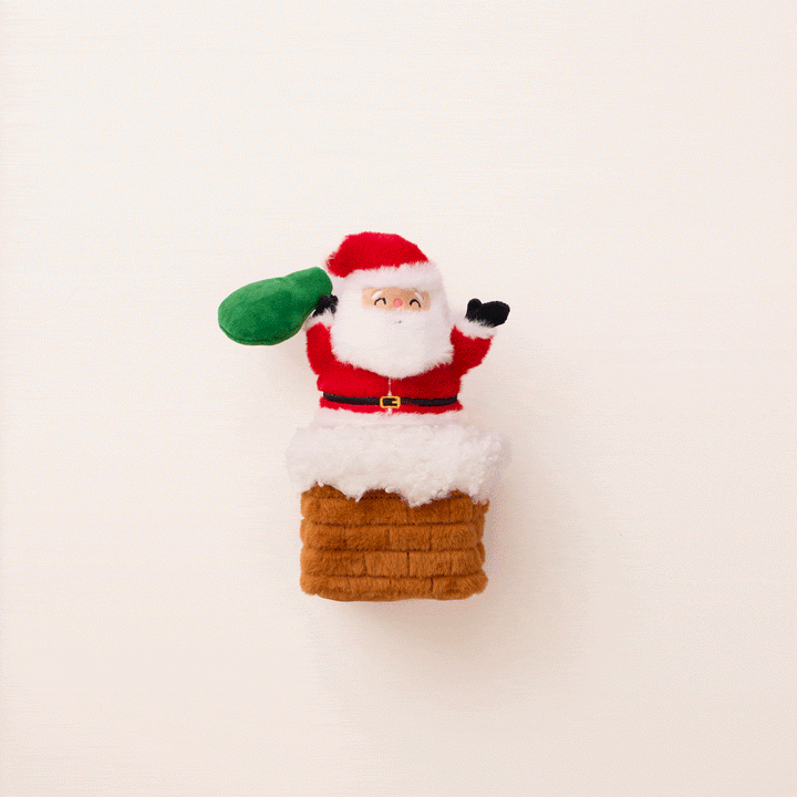 Animated clip of the Santa chimney dog toy on a cream backdrop