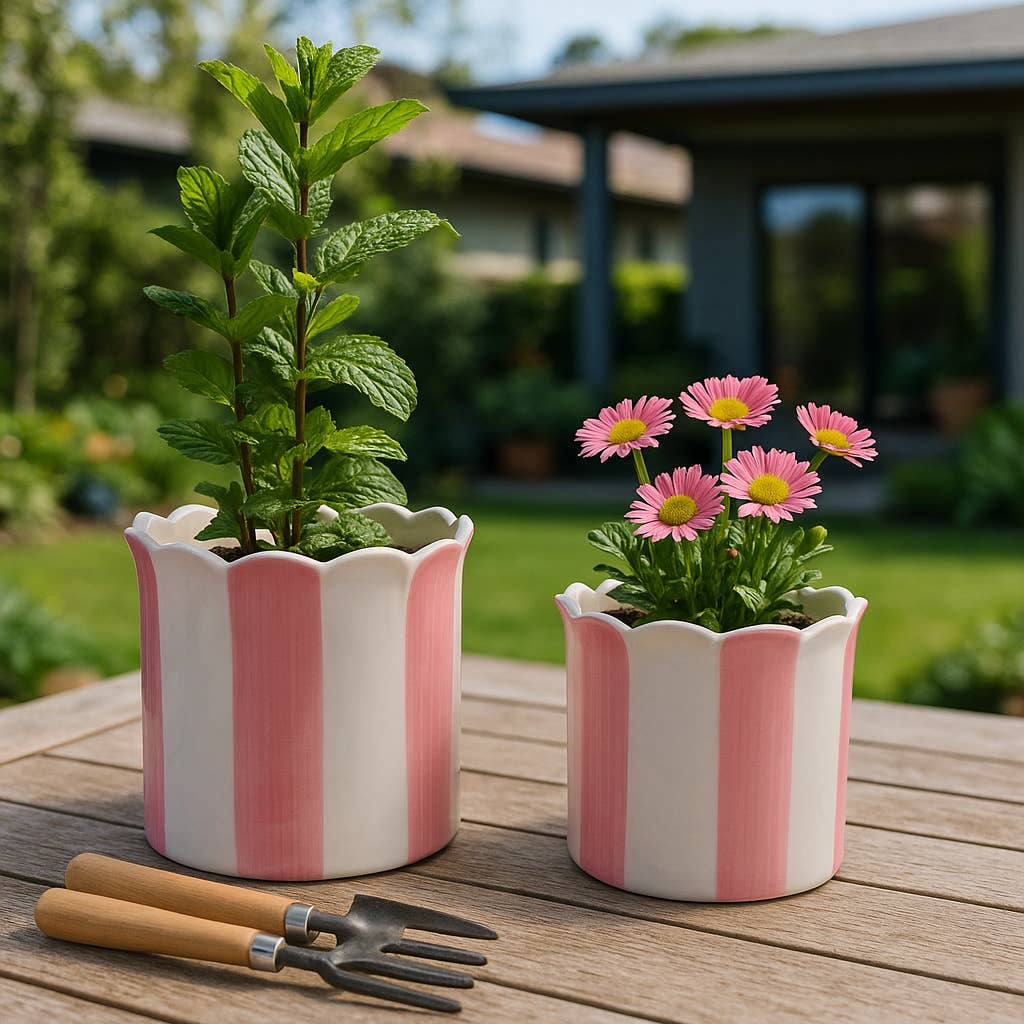 Planters Set of 2 - Pink Ceramic Striped Scallop, 6/8 in. Sagebrook Home Planters Set of 2 - Pink Ceramic Striped Scallop, 6/8 in. Bonjour Fete - Party Supplies