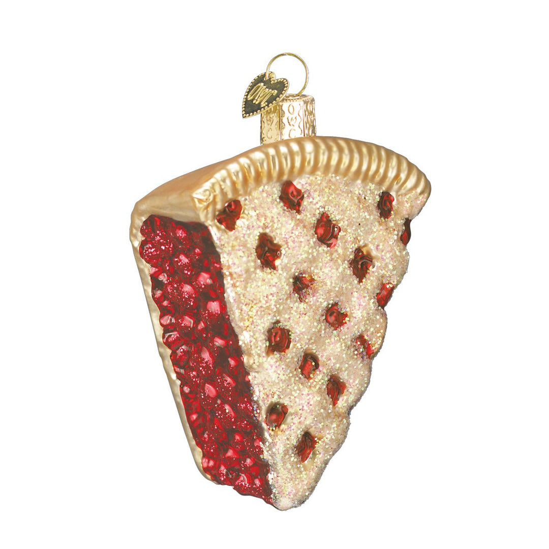 Cherry pie slice ornament front view, golden lattice crust and red cherry filling, on white