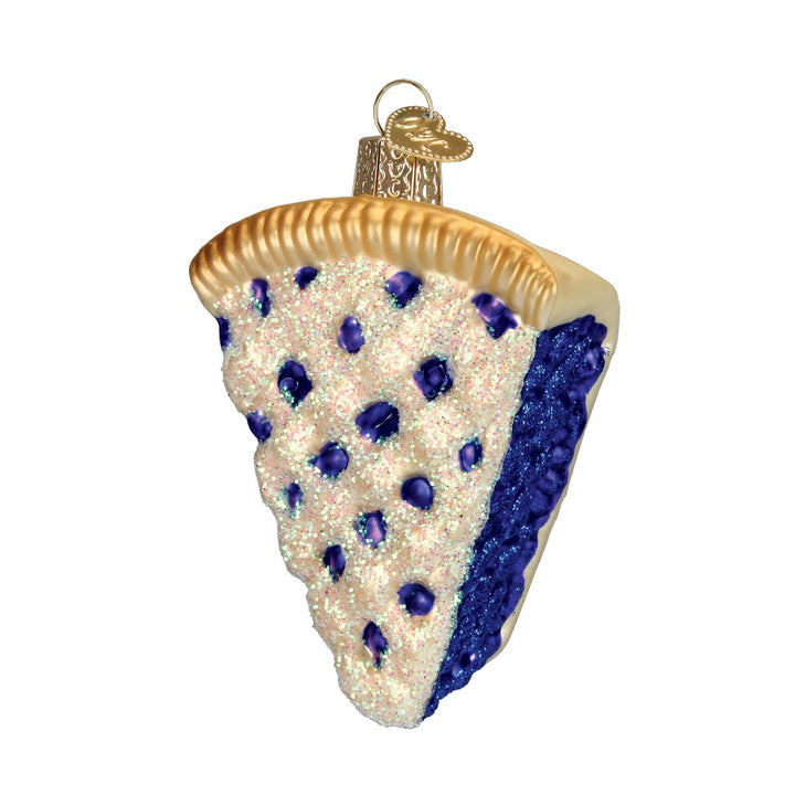 Blueberry pie slice ornament front view, ivory lattice crust over blue berries, on white