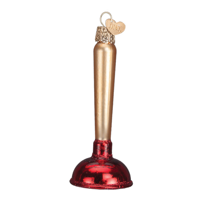 Toilet plunger ornament with a gold handle and glossy red cup on a white background, front view