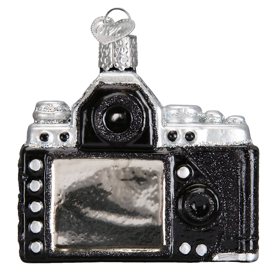 Back of the camera ornament showing a silver screen and black control buttons
