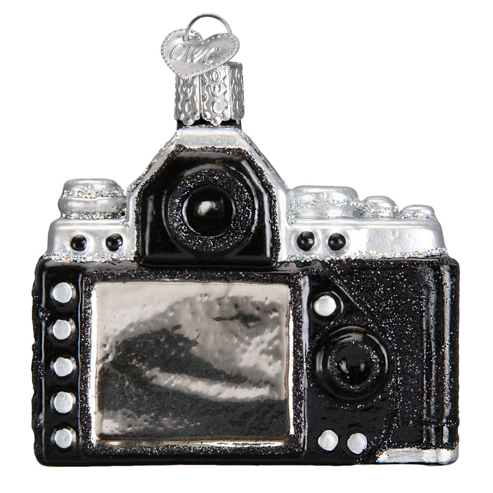 Back of the camera ornament showing a silver screen and black control buttons