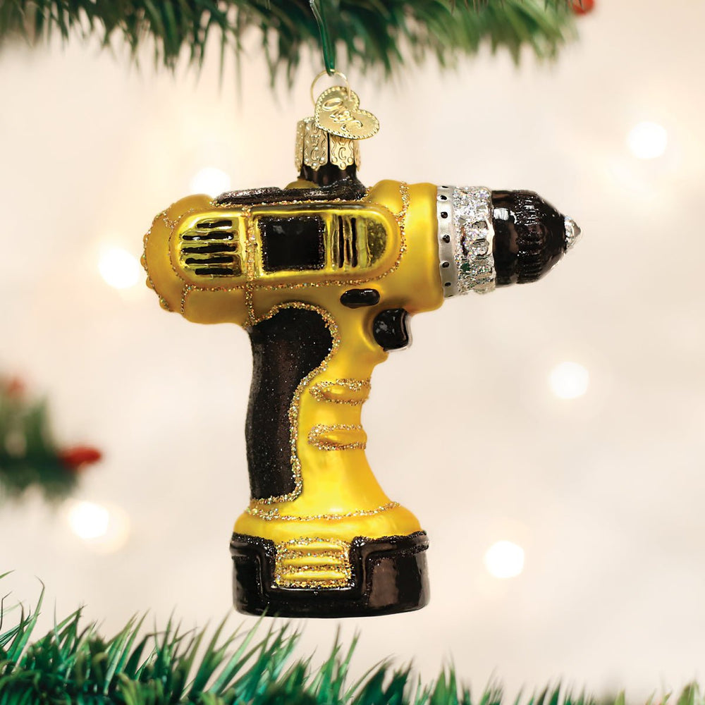 Yellow and black power drill ornament, front view