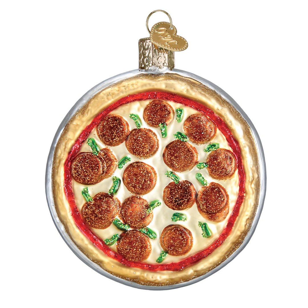 Pepperoni pizza ornament front view, whole pie with green herbs in a silver pan, on white