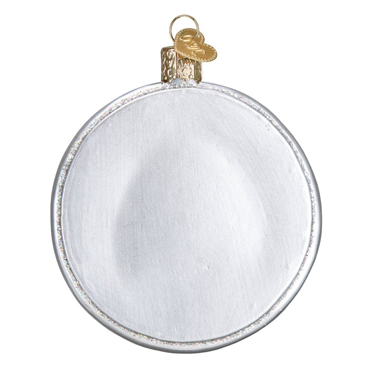 Back of the pizza ornament, frosted silver pan bottom