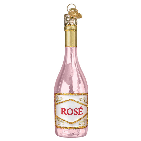 Rosé wine bottle glass ornament, front view, blush pink with gold foil neck and ROSÉ label on white