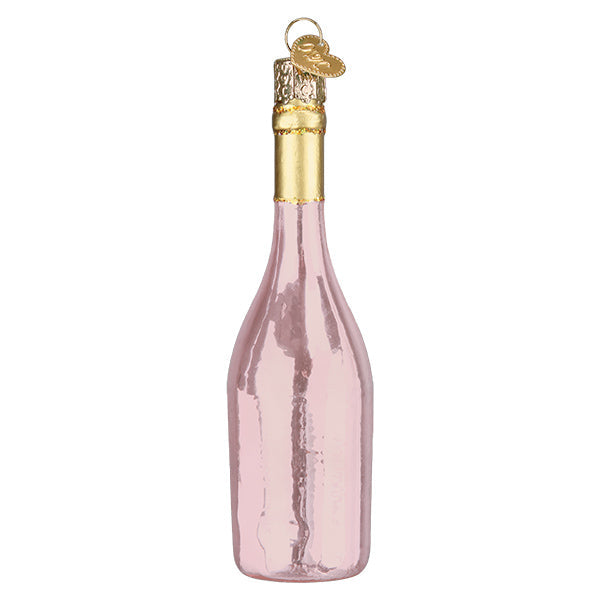Back view of the rosé wine bottle ornament, plain shiny pink glass with gold foil neck