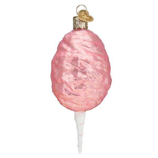 Pink cotton candy glass ornament on a white cone with gold cap, front view on white