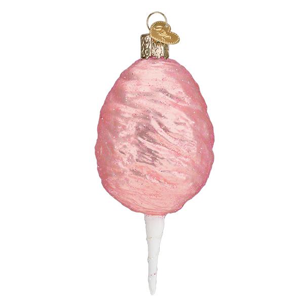 Cotton candy ornament turned at an angle, showing the swirled pink texture