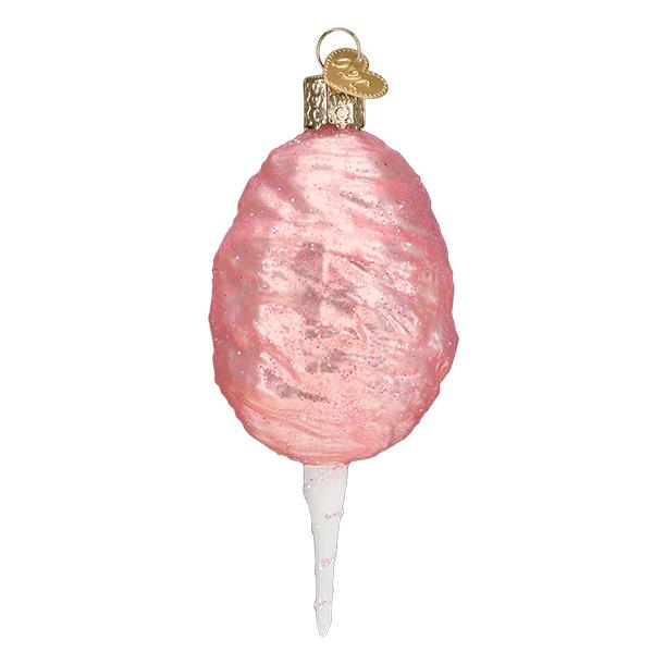 Back view of the pink cotton candy ornament with its tapered white paper cone
