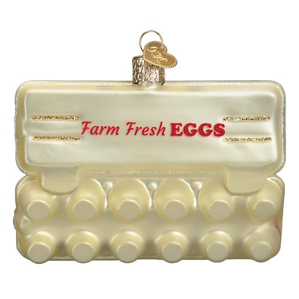 Back of the cream egg carton ornament with Farm Fresh Eggs in red lettering, on white