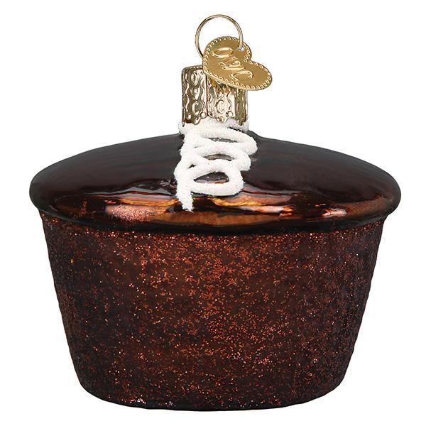 Hostess Cupcake ornament front view, chocolate frosting with the white squiggle, on white
