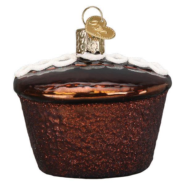 Hostess Cupcake ornament from another angle, white frosting edge along the chocolate top