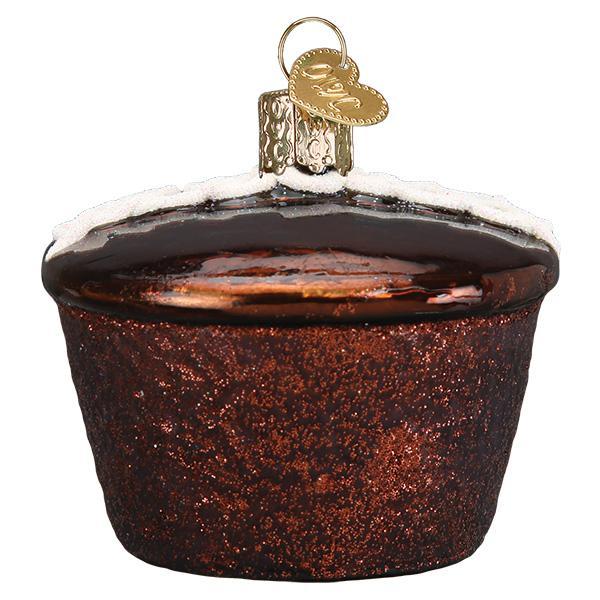 Hostess Cupcake ornament side angle, glossy chocolate top and glittered cake base
