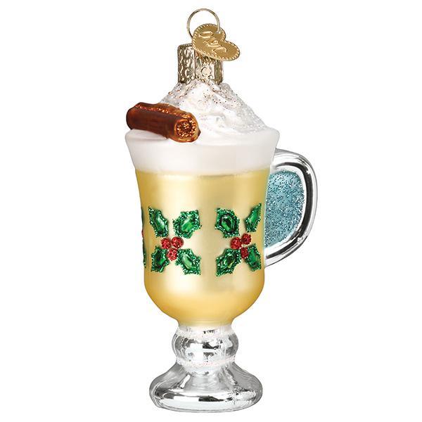 Angled view of the eggnog mug ornament with red berries, green holly leaves, and the blue handle