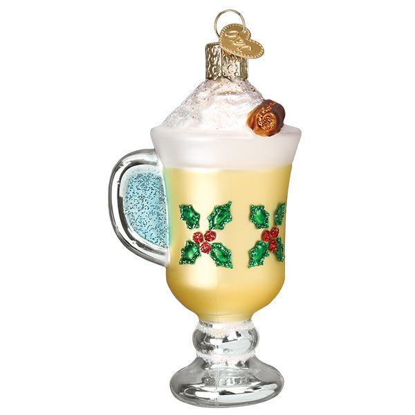 Side view of the eggnog mug ornament showing the frosted blue handle and silver footed base, on white
