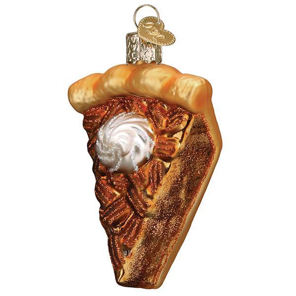 Pecan pie slice ornament front view, toasted pecans and a whipped cream dollop, on white