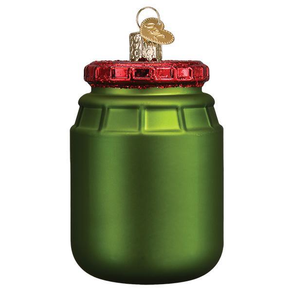 Back of the pickle jar ornament in plain green glass with a red glittered lid