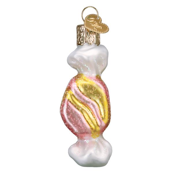 Pink salt water taffy ornament with yellow stripes and white twisted wrapper ends