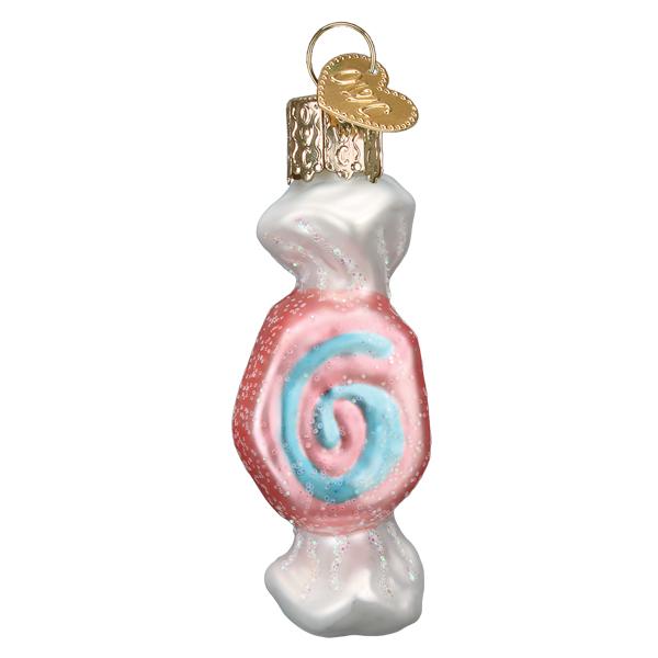 Pink salt water taffy ornament with a blue swirl and white twisted wrapper ends