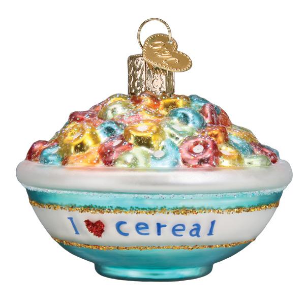 Bowl of cereal ornament, blue and white bowl reading I love cereal with a red heart, front view on white