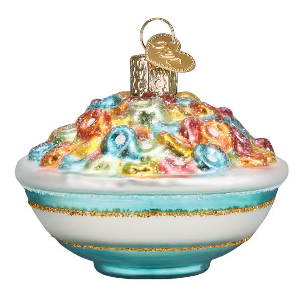 Bowl of cereal ornament from the side, showing gold glitter stripes around the blue bowl
