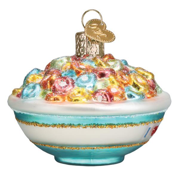 Back of the bowl of cereal ornament, plain white and aqua bowl heaped with glittered rainbow cereal rings