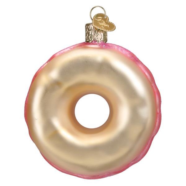 Back of the donut ornament showing the plain golden glazed underside, on white