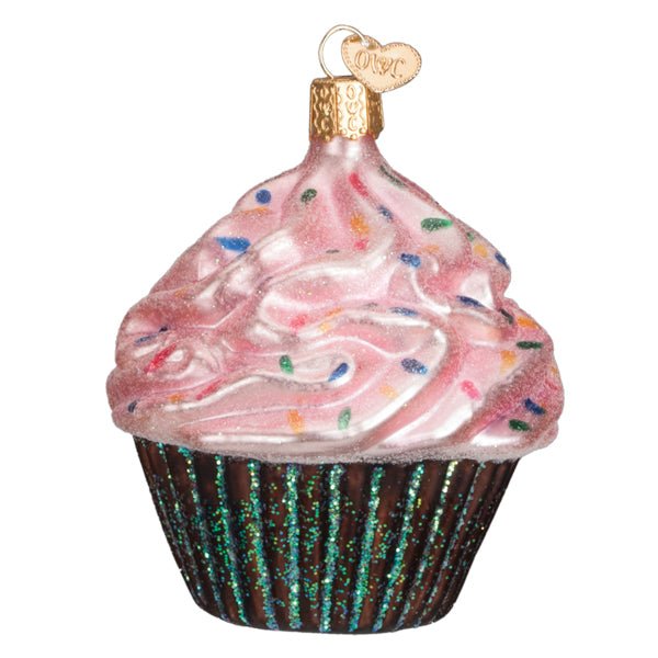 Chocolate cupcake ornament with a pink frosting swirl and rainbow sprinkles, on white