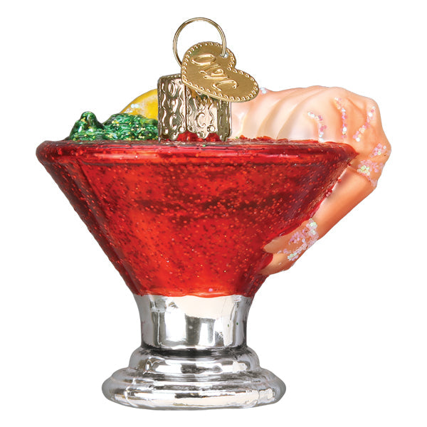 Back of the shrimp cocktail ornament showing the glittered red bowl and shrimp tails over the rim