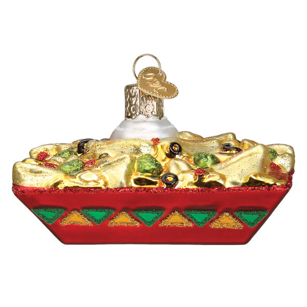 Back of the nachos ornament showing the red tray's green and gold triangle border